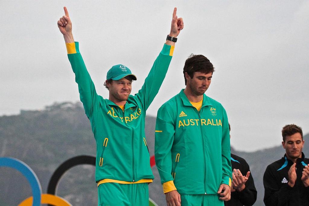 Nathan Outteridge and Iain Jensen mount the Medal podium for the Mens 49er Silver medal presentation - 2016 Olympic Sailing Regatta © Richard Gladwell www.photosport.co.nz